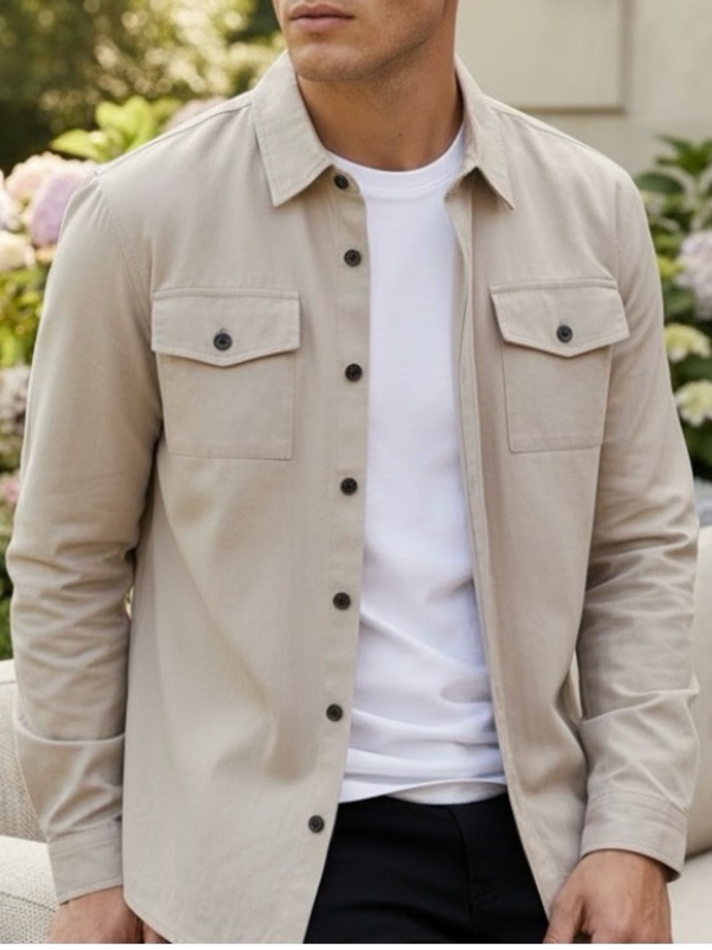 NWT New Alden & Ash Beige Twill Button-Down Long Sleeve Shacket Shirt XLarge XL